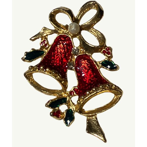 Unbranded Jewelry - Christmas Red Bell Brooch Pin With Bow And Faux Pearl Accents 2 Inches Vintage